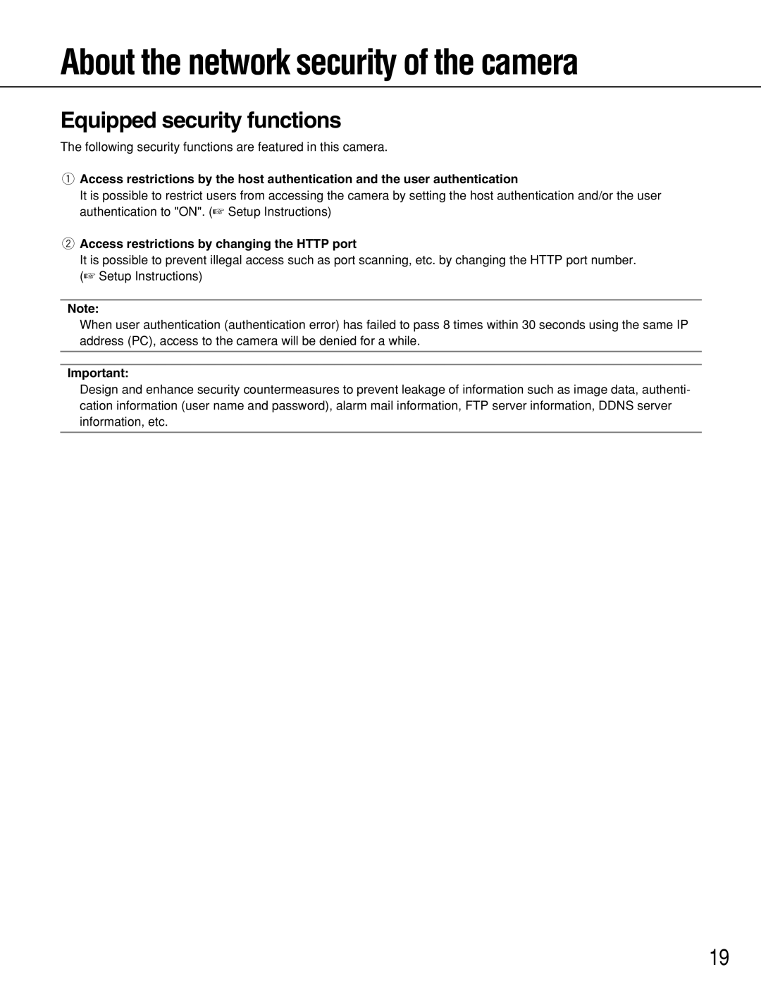 Panasonic WV-NS954, WV-NW964 operating instructions About the network security of the camera, Equipped security functions 