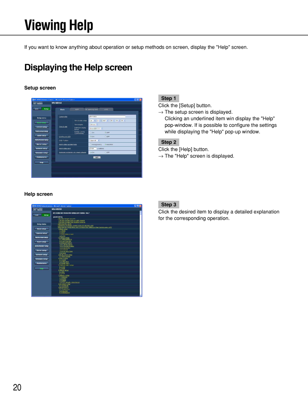 Panasonic WV-NW964, WV-NS954 Viewing Help, Displaying the Help screen, Setup screen Step, Help screen Step 