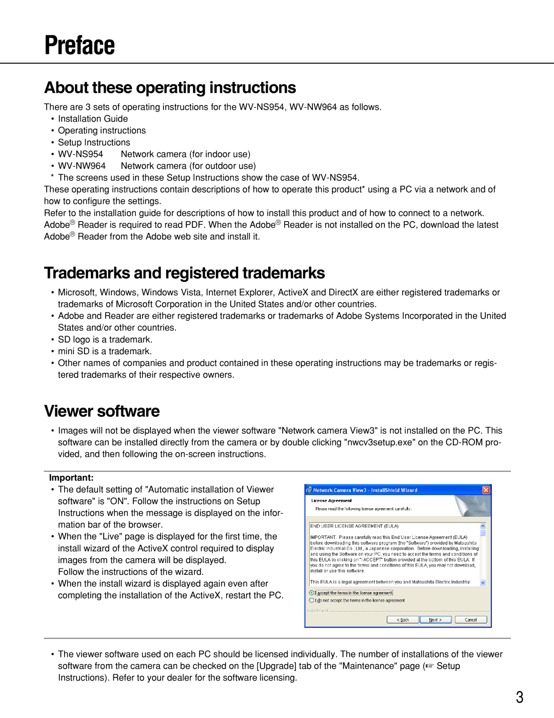 Panasonic WV-NS954 Preface, About these operating instructions, Trademarks and registered trademarks, Viewer software 