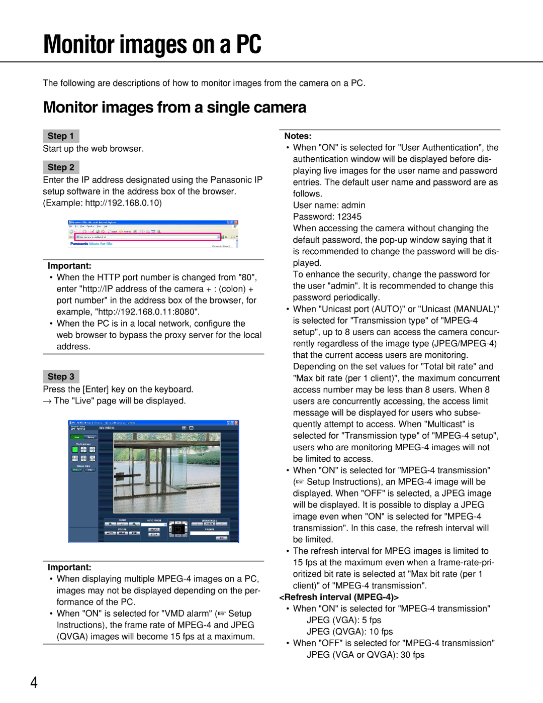 Panasonic WV-NW964, WV-NS954 Monitor images on a PC, Monitor images from a single camera, Step, Refresh interval MPEG-4 