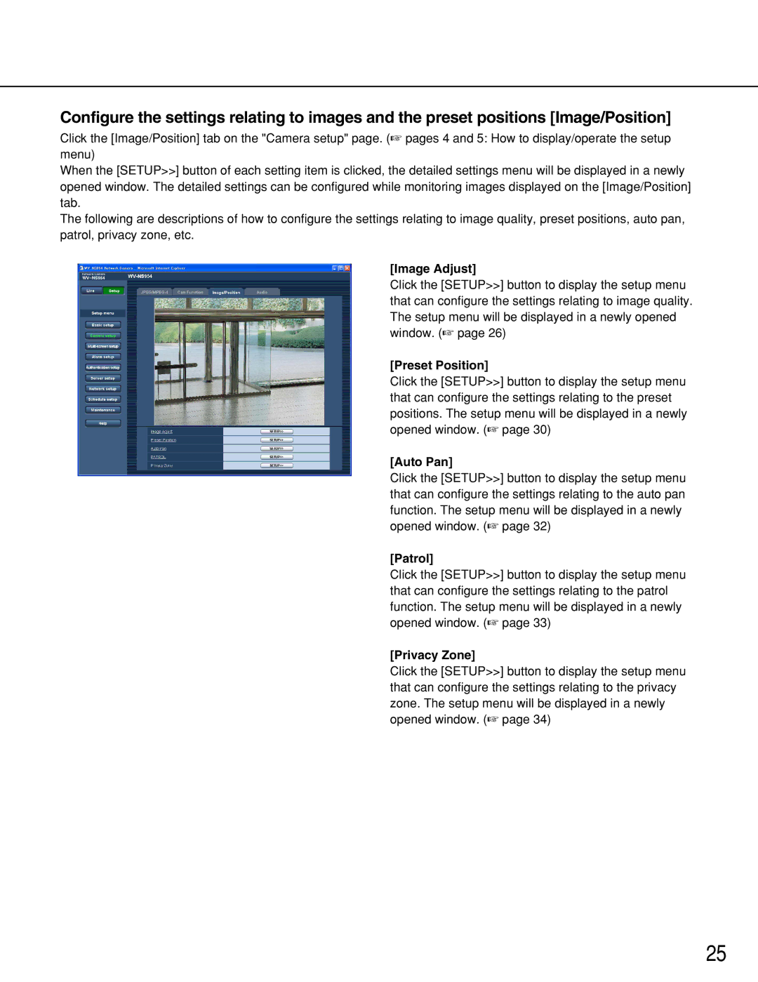 Panasonic WV-NS954, WV-NW964 manual Image Adjust, Preset Position, Auto Pan, Patrol, Privacy Zone 