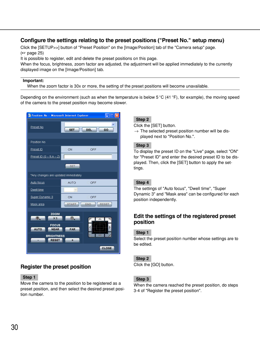 Panasonic WV-NW964, WV-NS954 manual Register the preset position, Edit the settings of the registered preset position 