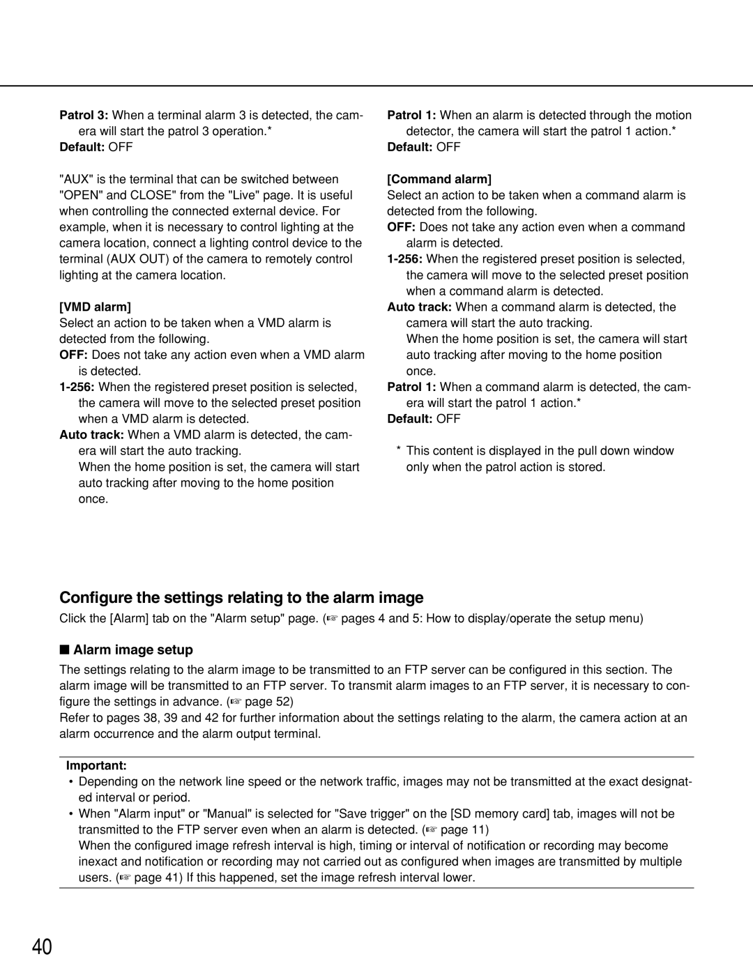 Panasonic WV-NW964 manual Configure the settings relating to the alarm image, Alarm image setup, Default OFF Command alarm 