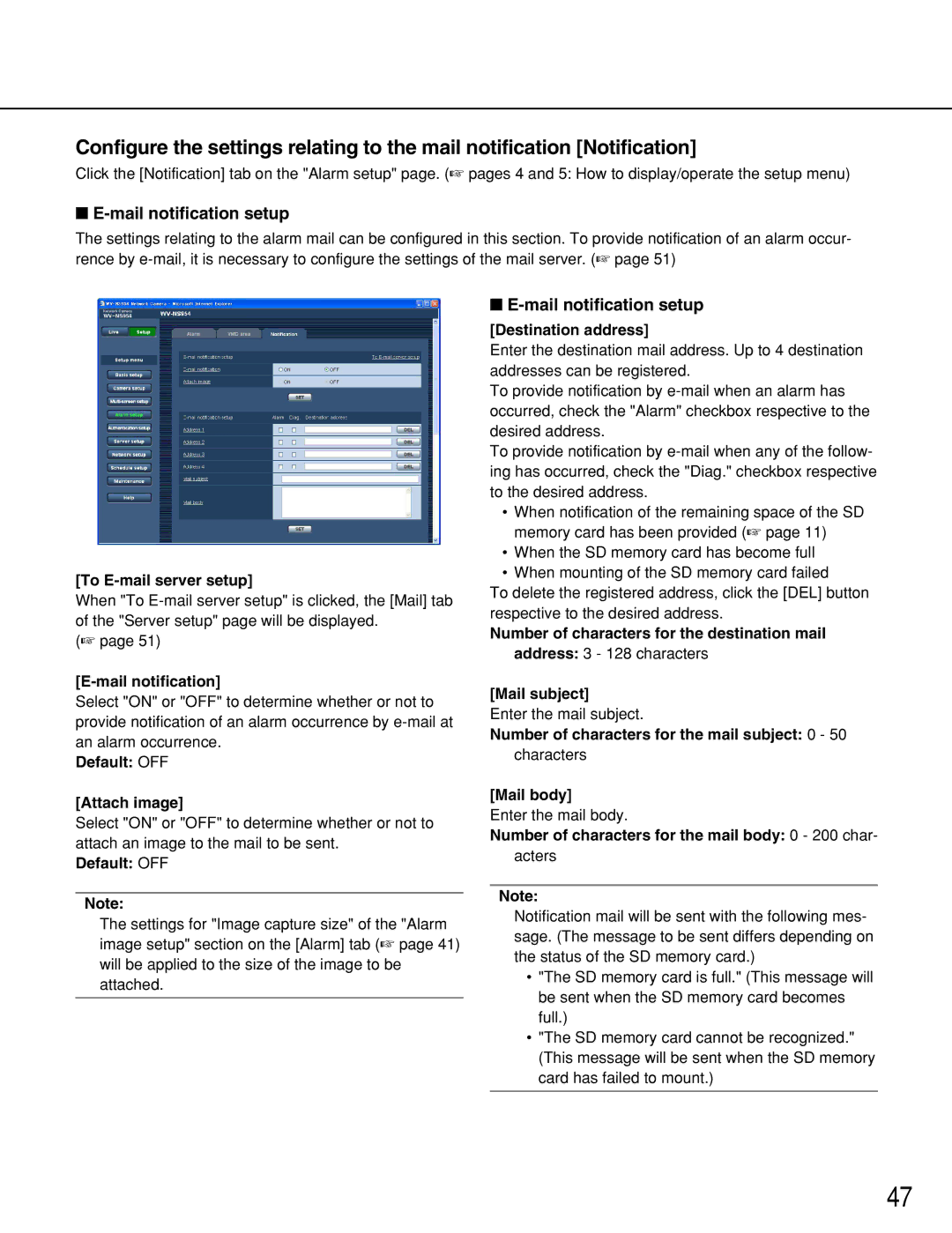 Panasonic WV-NS954, WV-NW964 manual Mail notification setup 