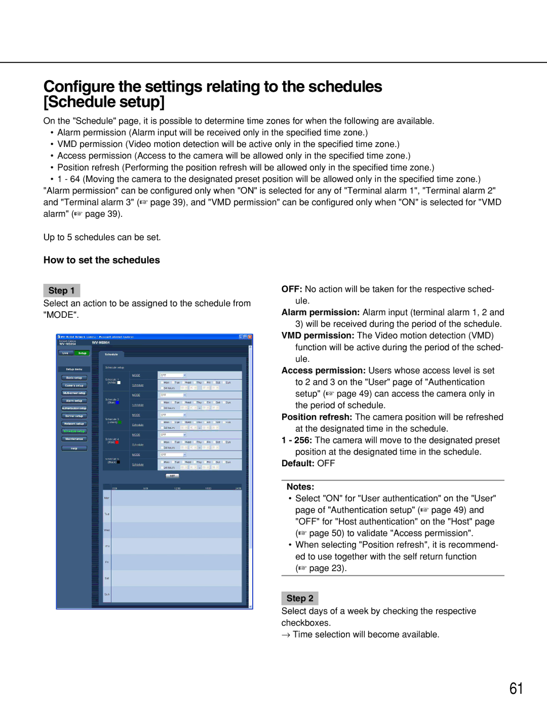 Panasonic WV-NS954, WV-NW964 manual How to set the schedules, Default OFF 