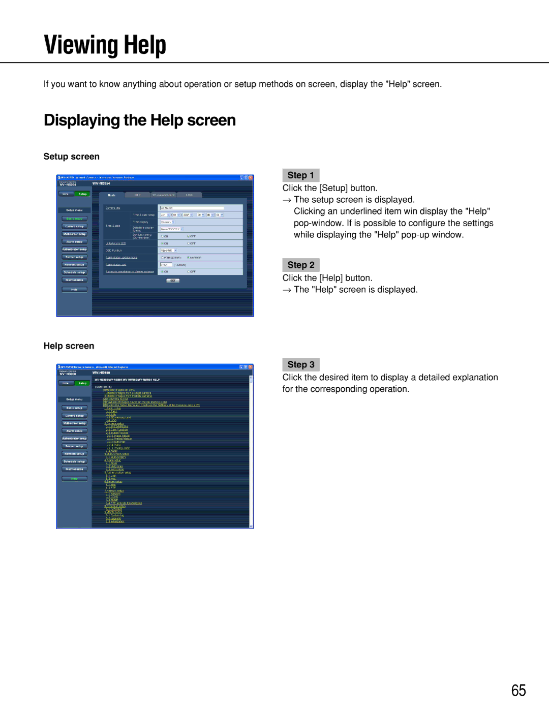 Panasonic WV-NS954, WV-NW964 manual Displaying the Help screen, Setup screen Step, Help screen Step 