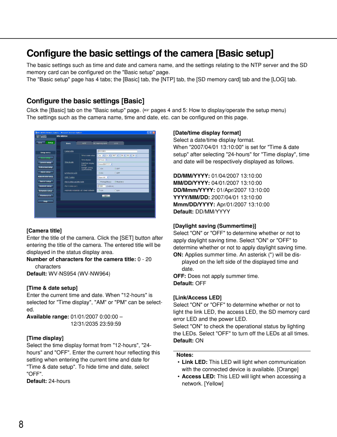 Panasonic WV-NW964, WV-NS954 Configure the basic settings of the camera Basic setup, Configure the basic settings Basic 