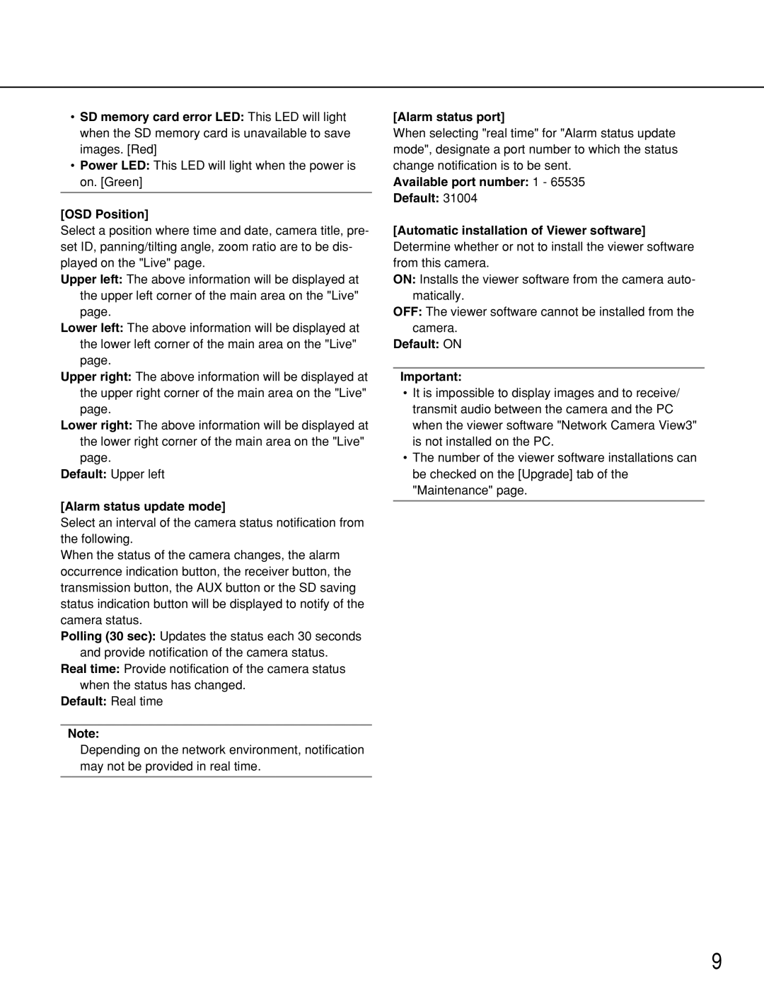 Panasonic WV-NS954, WV-NW964 manual OSD Position, Alarm status update mode, Default Real time, Alarm status port, Default on 