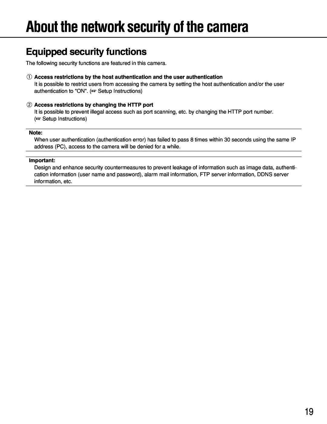 Panasonic WV-NS954, WV-NW964 operating instructions About the network security of the camera, Equipped security functions 