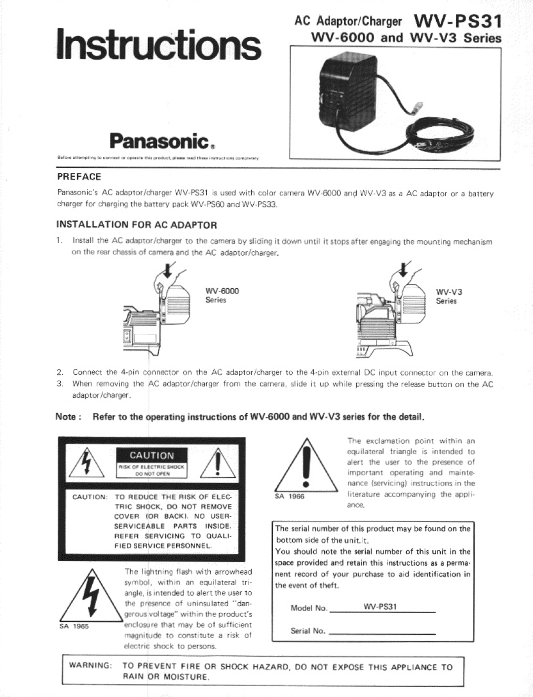 Panasonic WV-6000, WV-PS31, WV-V3 manual 