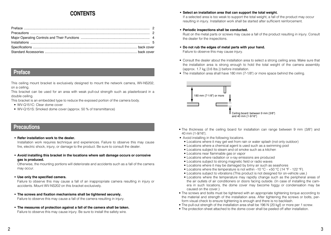 Panasonic WV-Q151C, WV-Q151S operating instructions Contents 