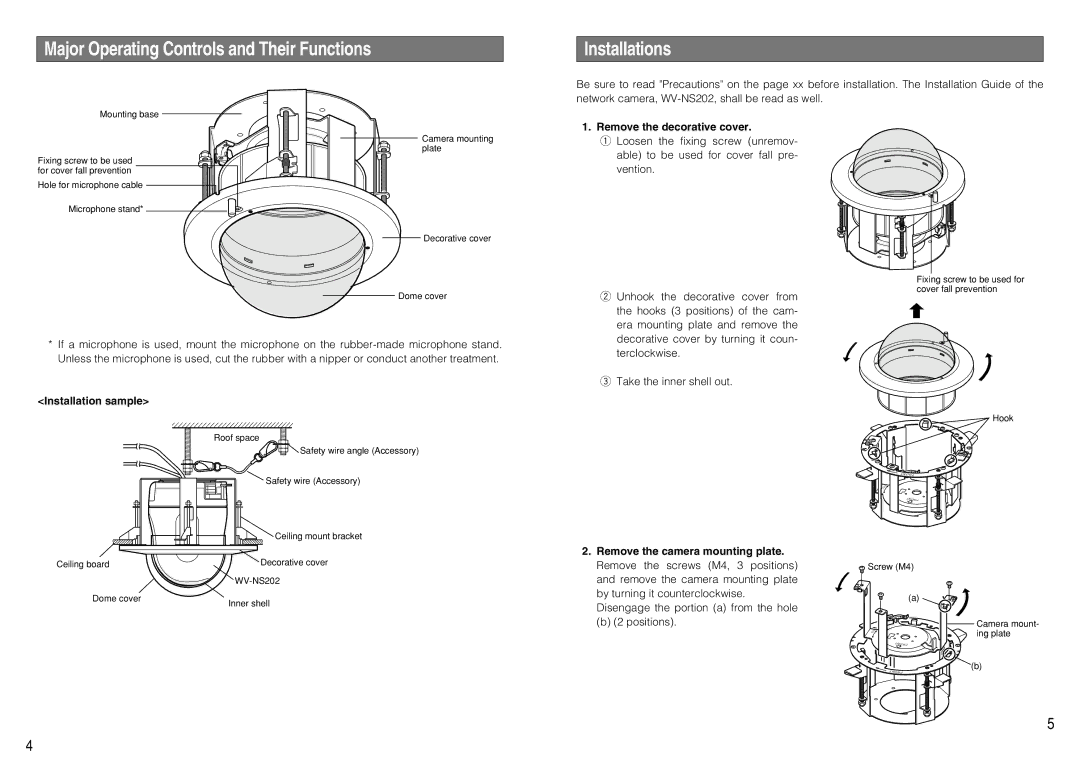 Panasonic WV-Q151S, WV-Q151C Major Operating Controls and Their Functions, Installations, Installation sample 