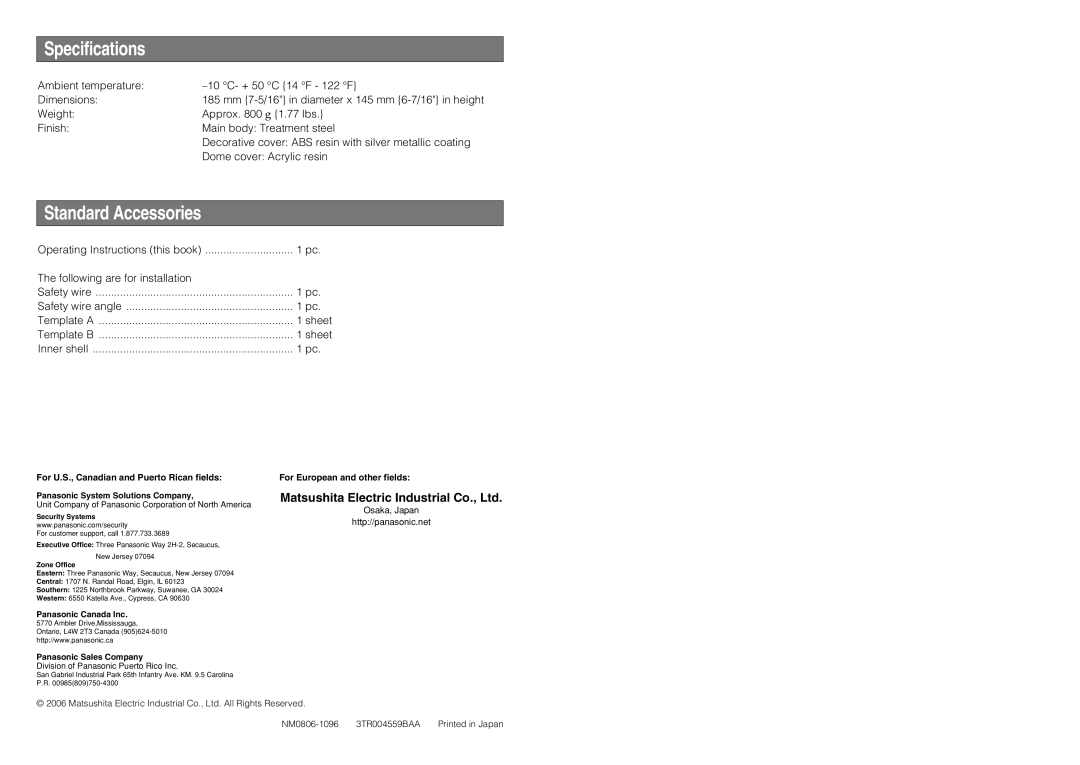 Panasonic WV-Q151S, WV-Q151C operating instructions Specifications, Standard Accessories 