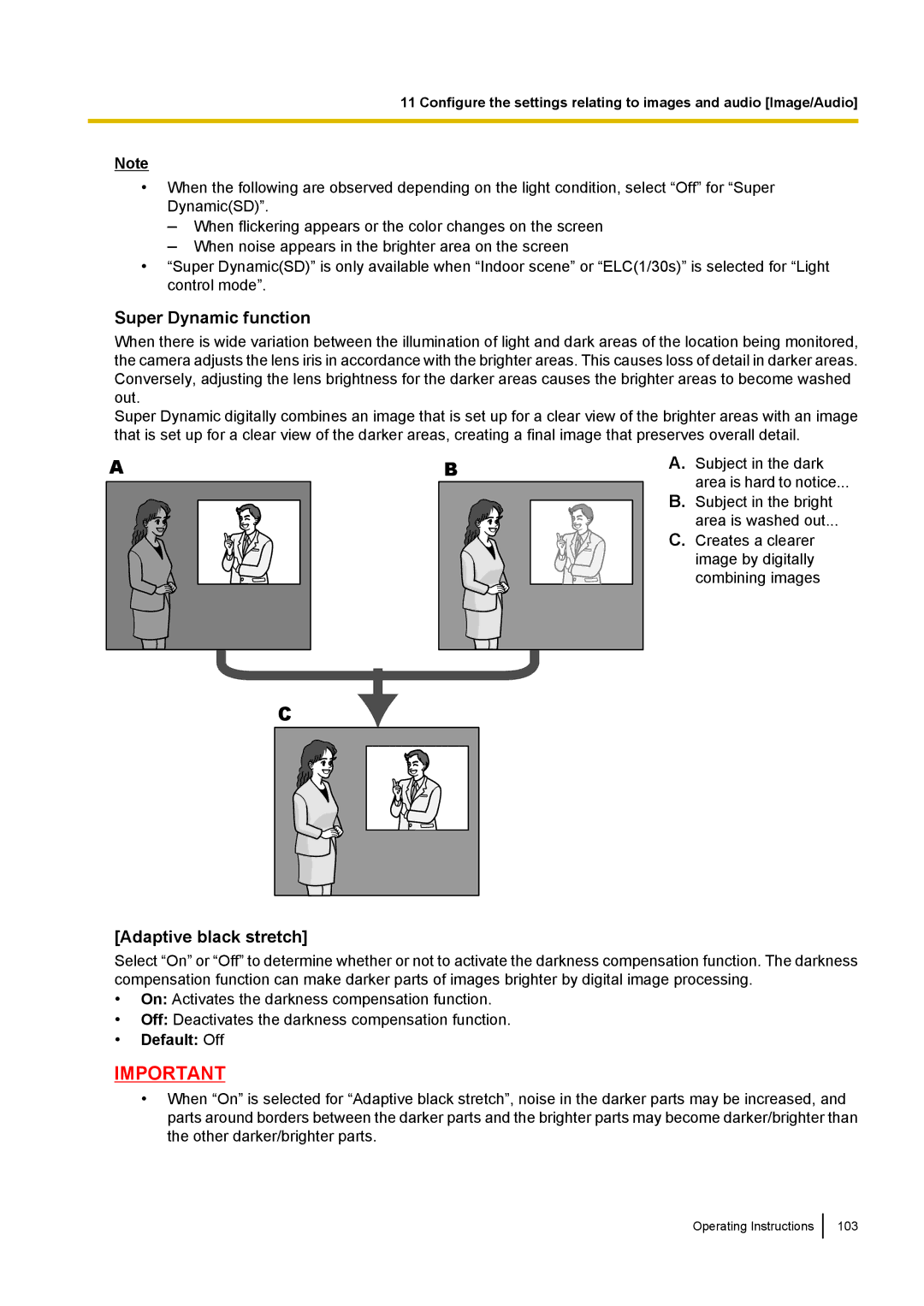 Panasonic WV-SF438E operating instructions Super Dynamic function, Adaptive black stretch 