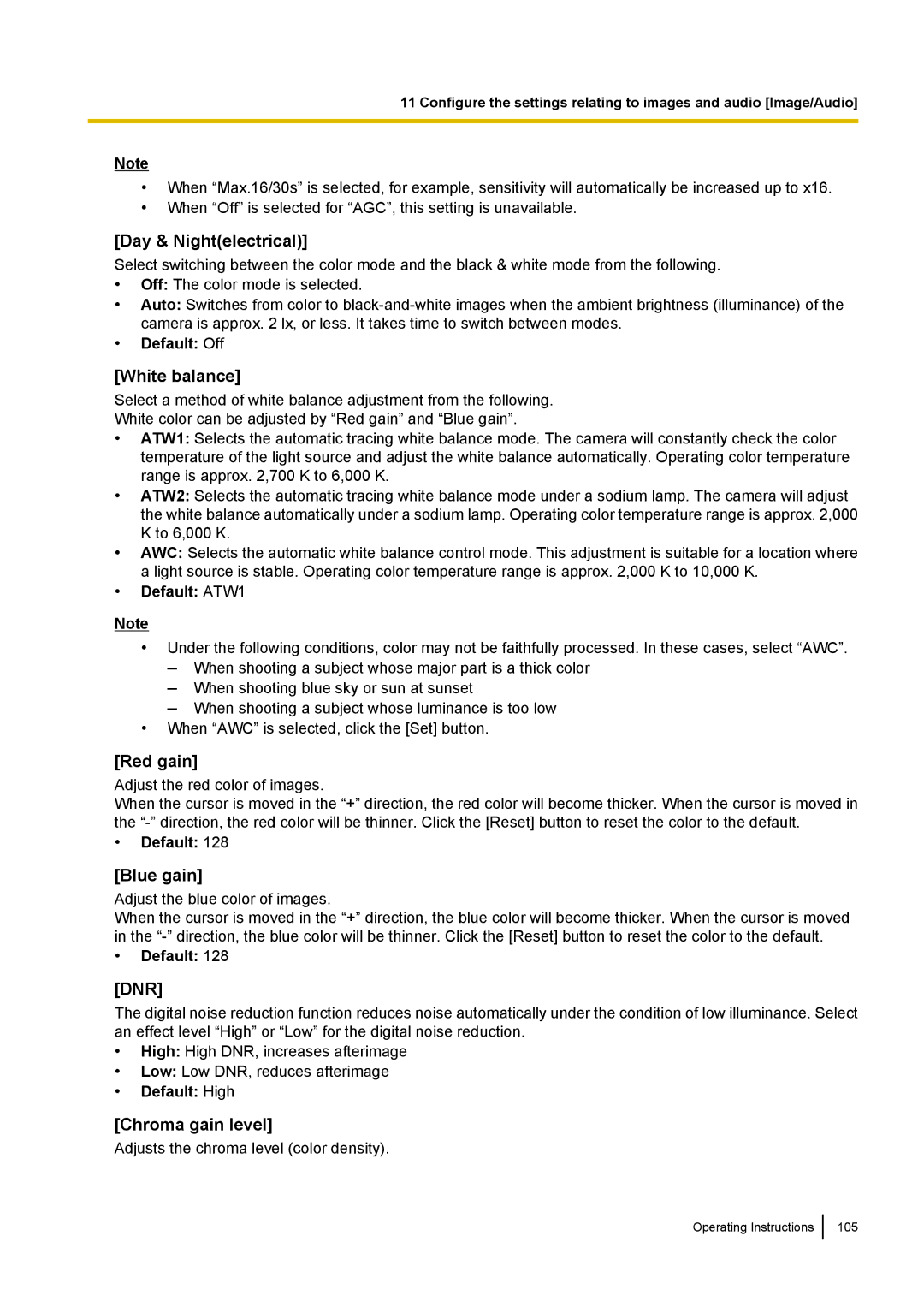 Panasonic WV-SF438E operating instructions Day & Nightelectrical, White balance, Red gain, Blue gain, Chroma gain level 