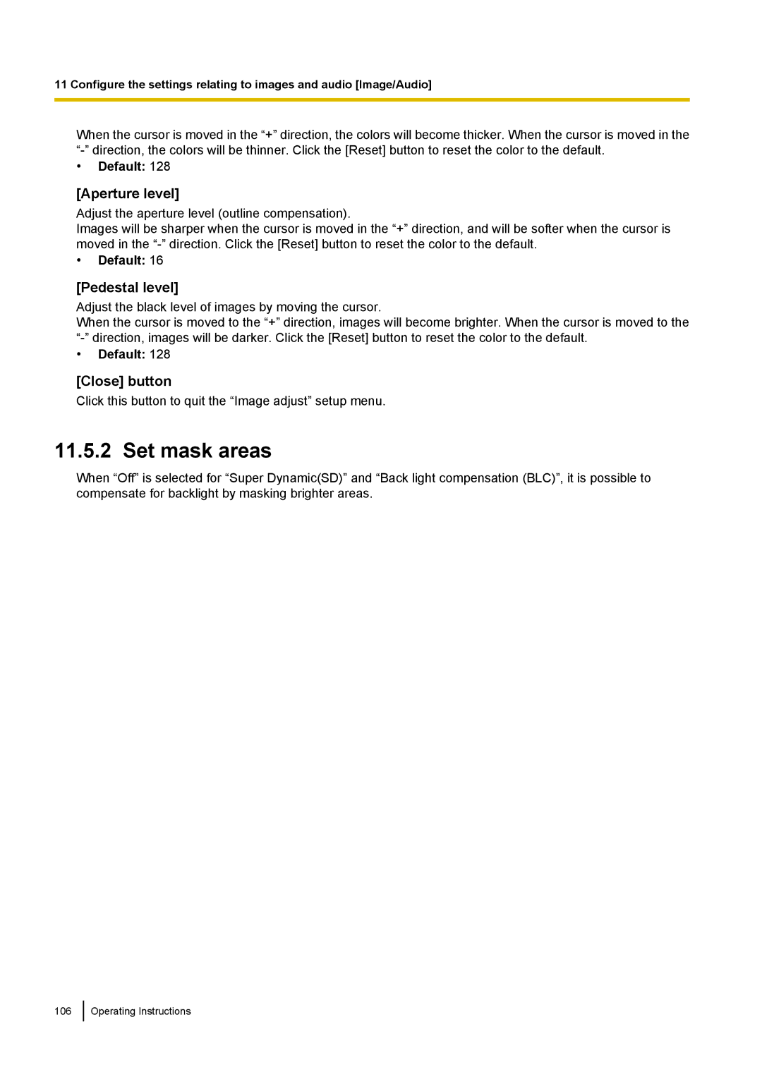 Panasonic WV-SF438E operating instructions Set mask areas, Aperture level, Pedestal level 