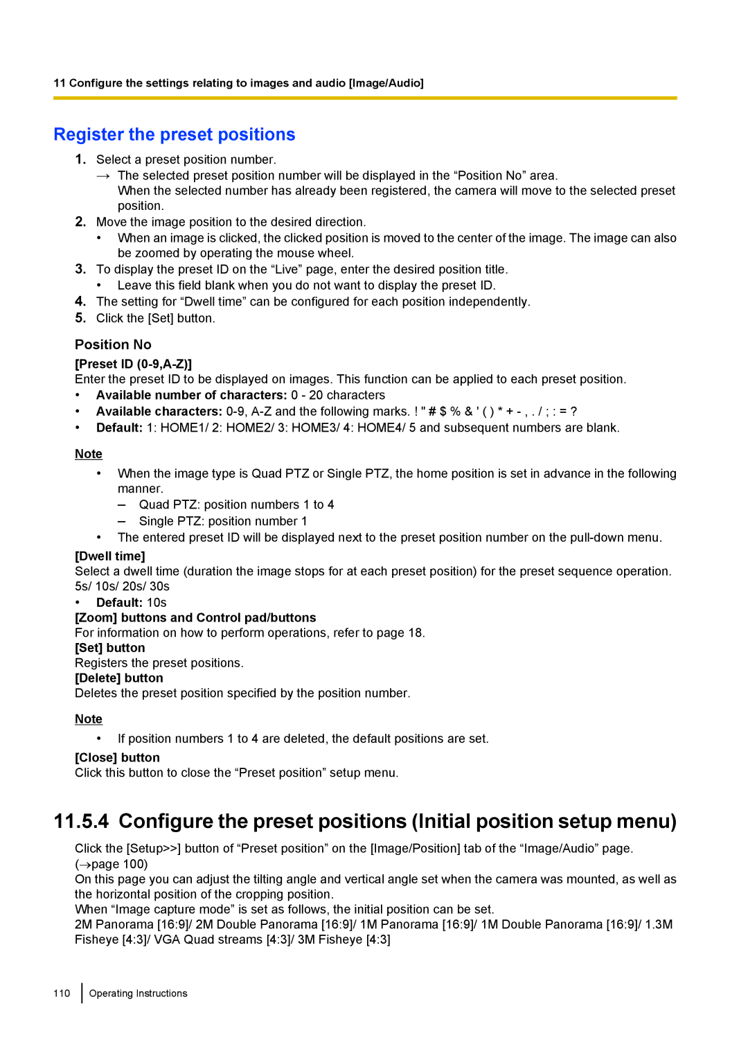 Panasonic WV-SF438 Configure the preset positions Initial position setup menu, Register the preset positions, Position No 