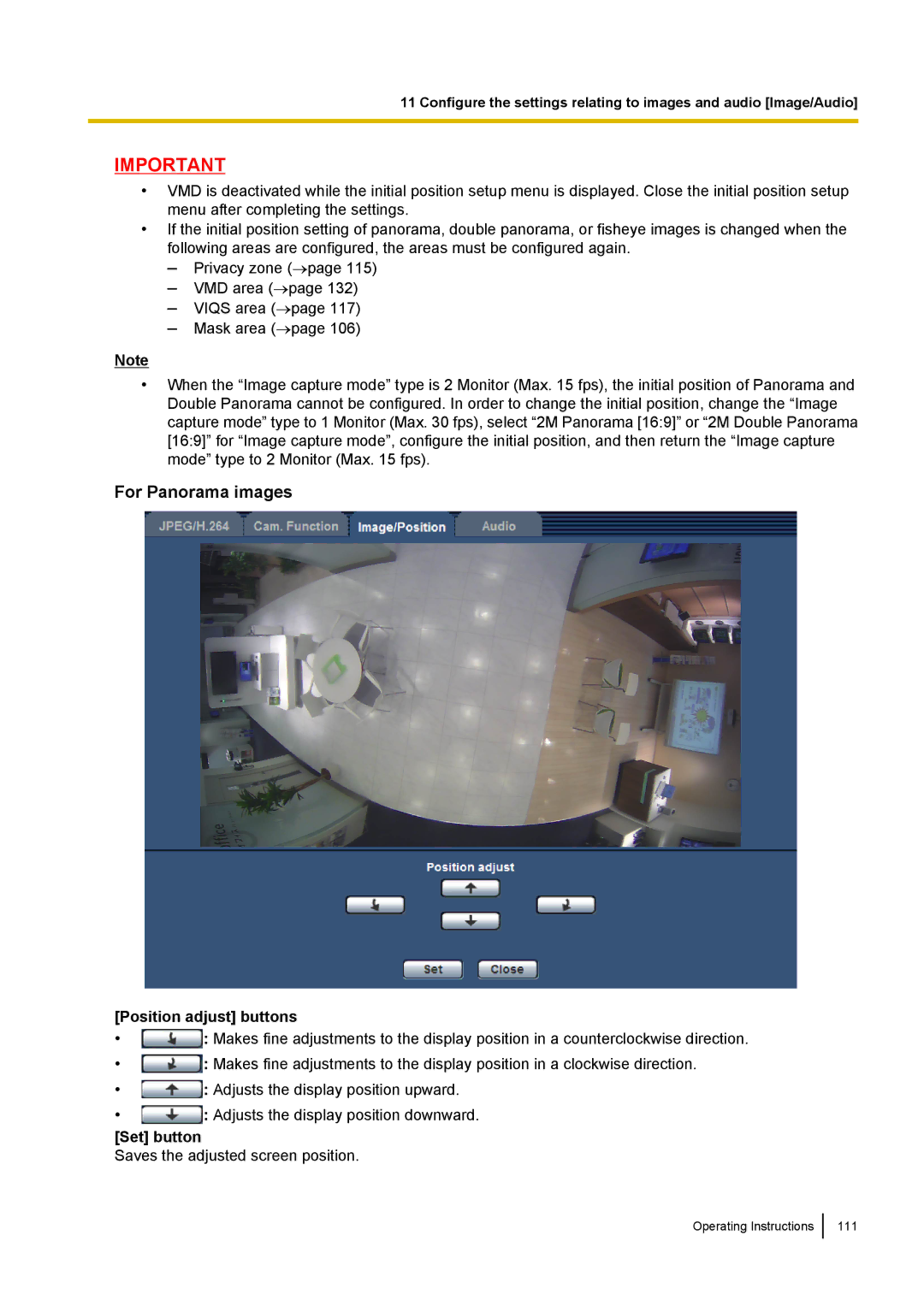 Panasonic WV-SF438E operating instructions For Panorama images, Position adjust buttons 