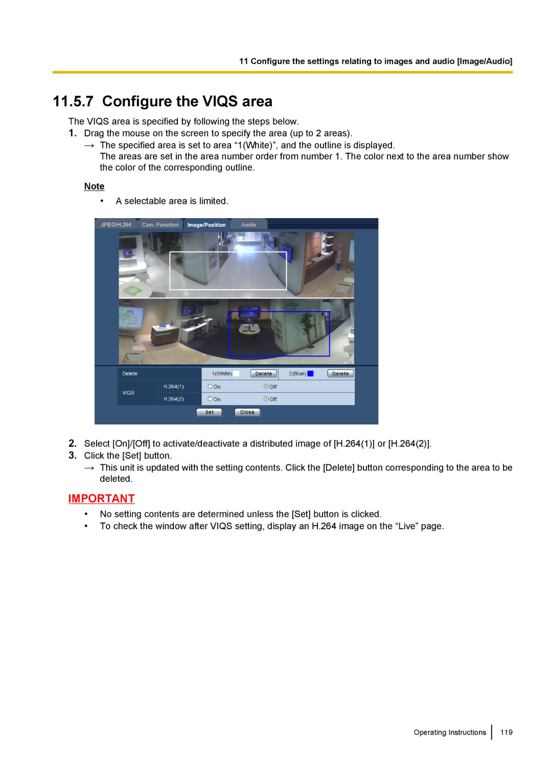 Panasonic WV-SF438E operating instructions Configure the Viqs area 