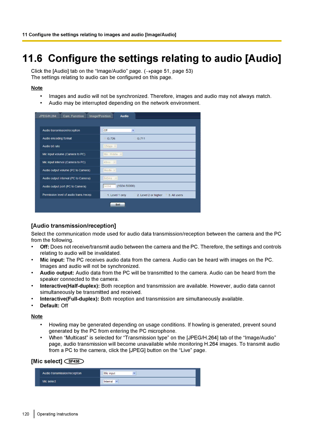 Panasonic WV-SF438 Configure the settings relating to audio Audio, Audio transmission/reception, Mic select SF438 