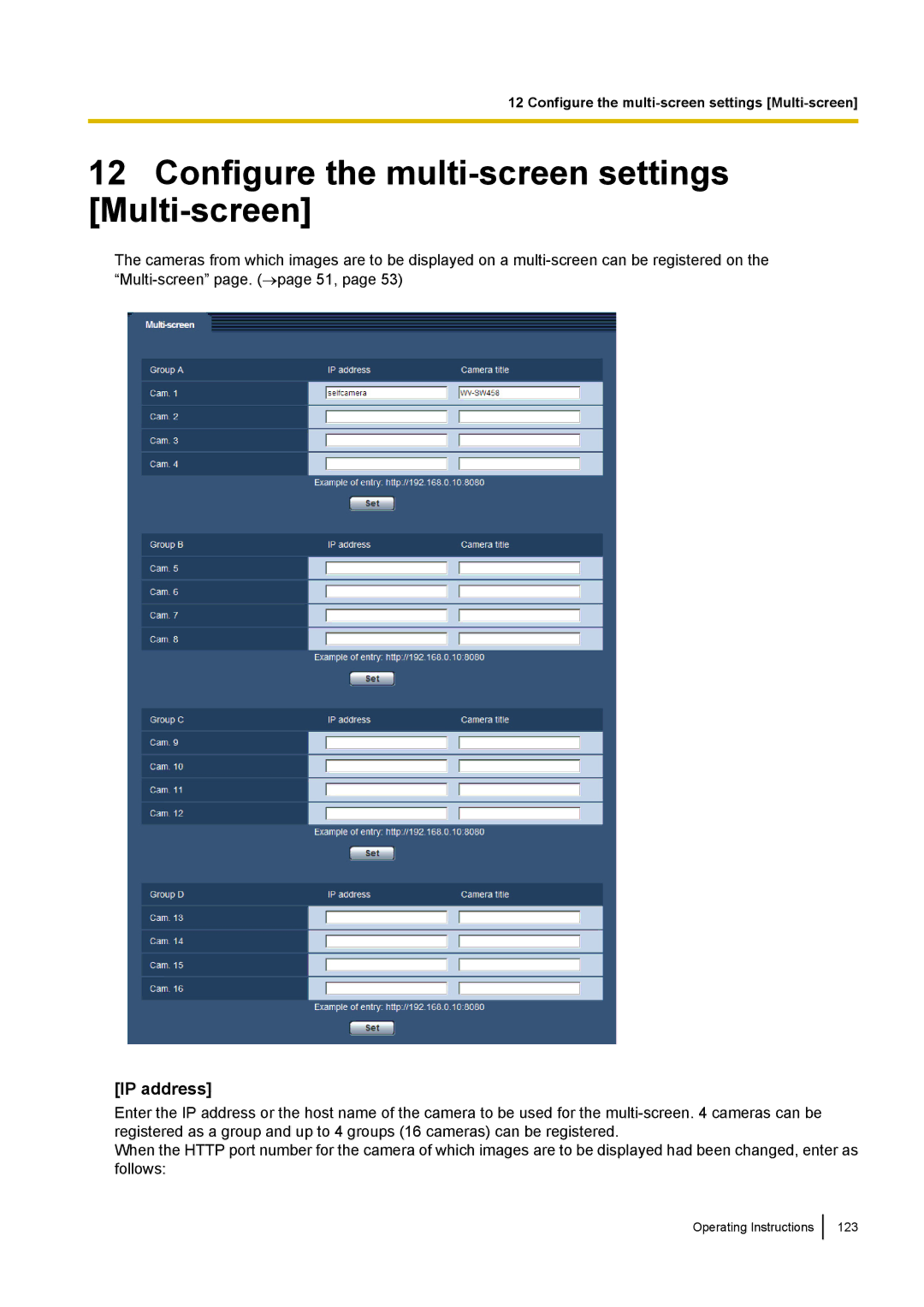 Panasonic WV-SF438E operating instructions Configure the multi-screen settings Multi-screen, IP address 