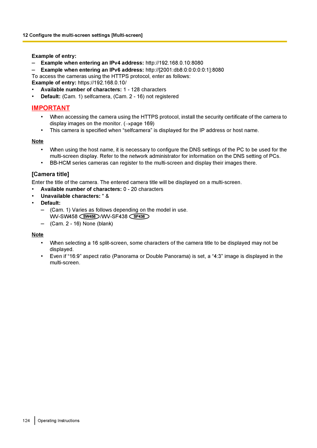 Panasonic WV-SF438E operating instructions Camera title, Available number of characters 1 128 characters 