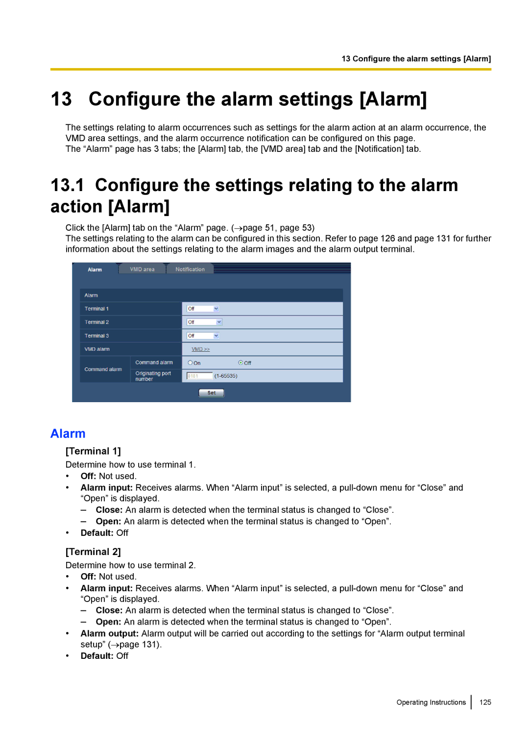 Panasonic WV-SF438E Configure the alarm settings Alarm, Configure the settings relating to the alarm action Alarm 