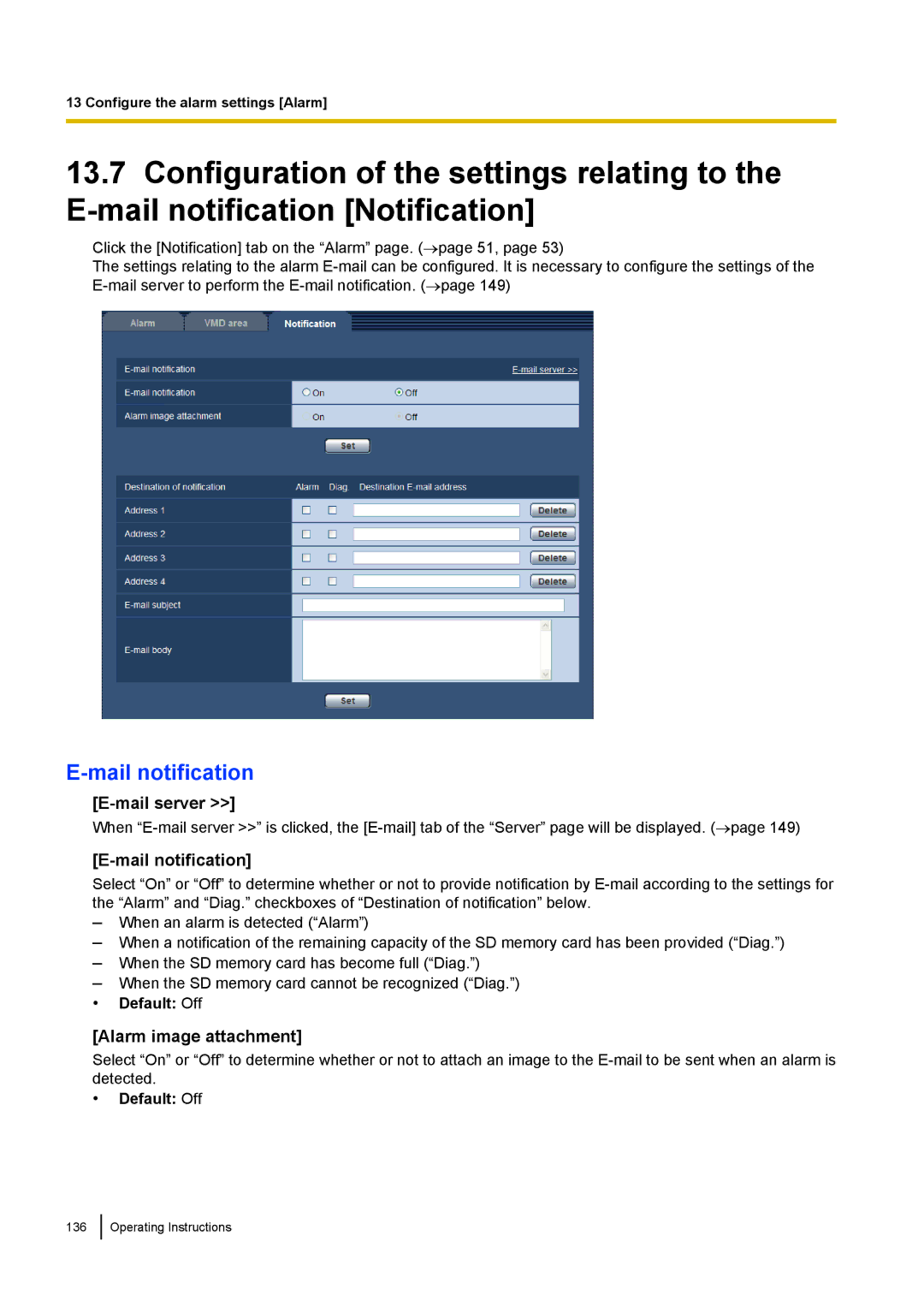 Panasonic WV-SF438E operating instructions Mail notification, Mail server, Alarm image attachment 