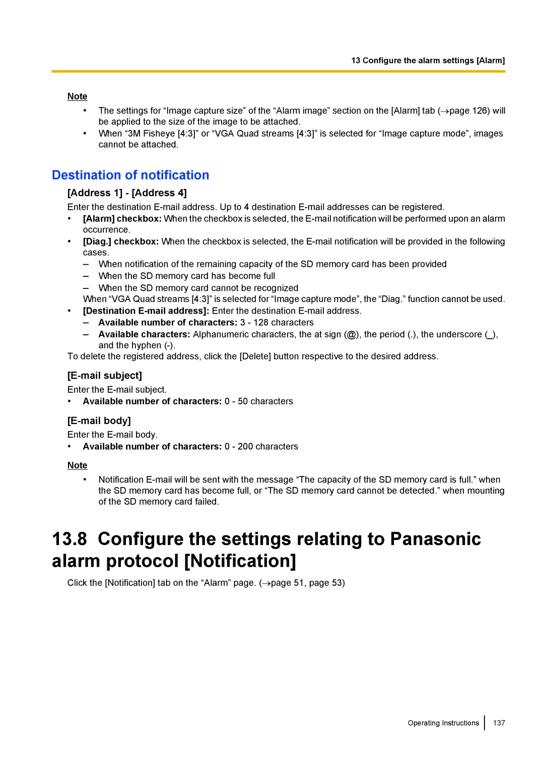 Panasonic WV-SF438E operating instructions Destination of notification, Address 1 Address, Mail subject, Mail body 