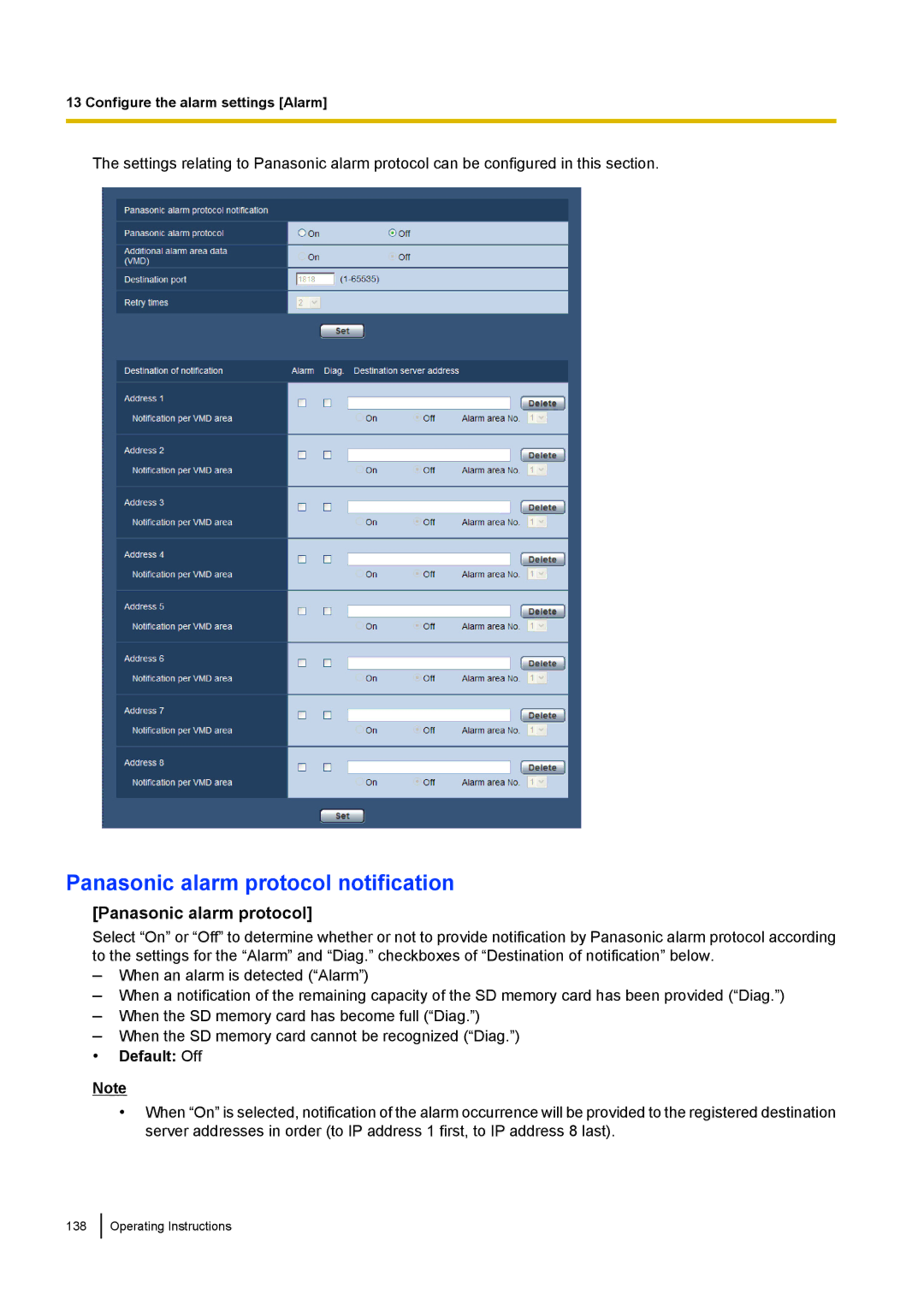 Panasonic WV-SF438E operating instructions Panasonic alarm protocol notification 