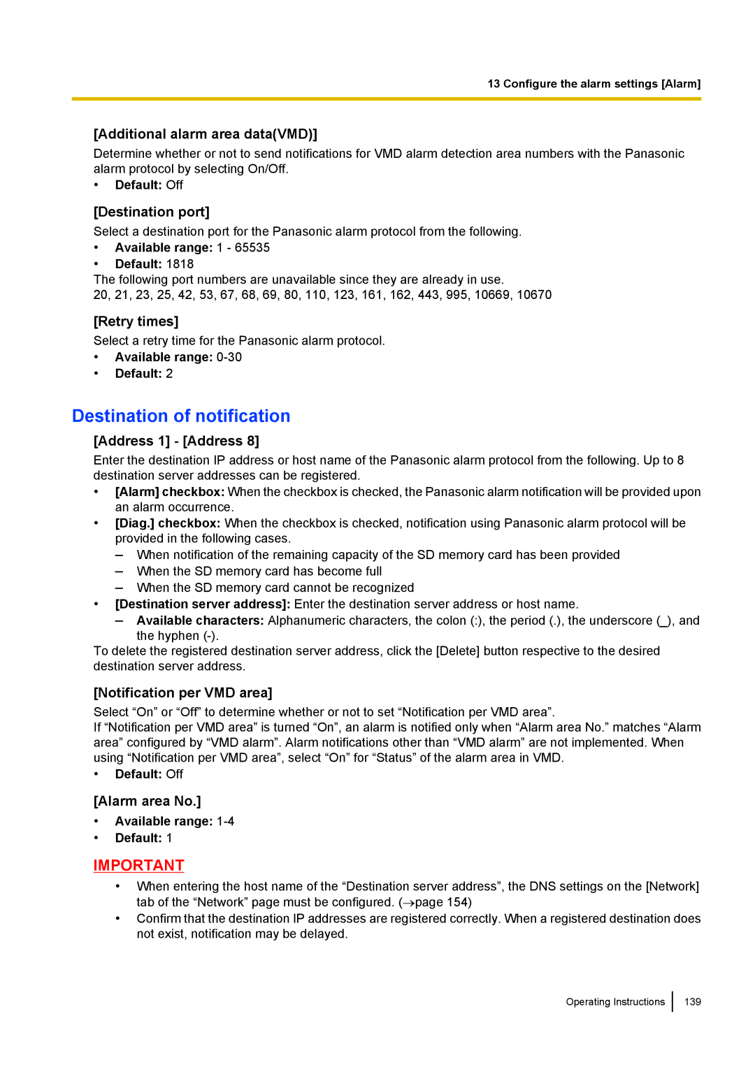 Panasonic WV-SF438E Additional alarm area dataVMD, Destination port, Retry times, Notification per VMD area, Alarm area No 