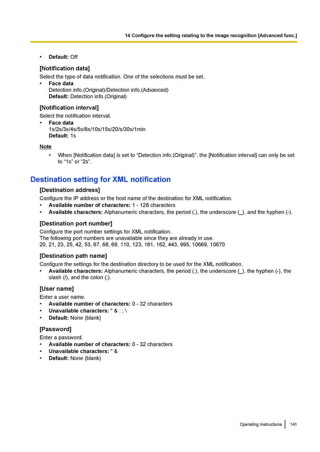 Panasonic WV-SF438E operating instructions Destination setting for XML notification 