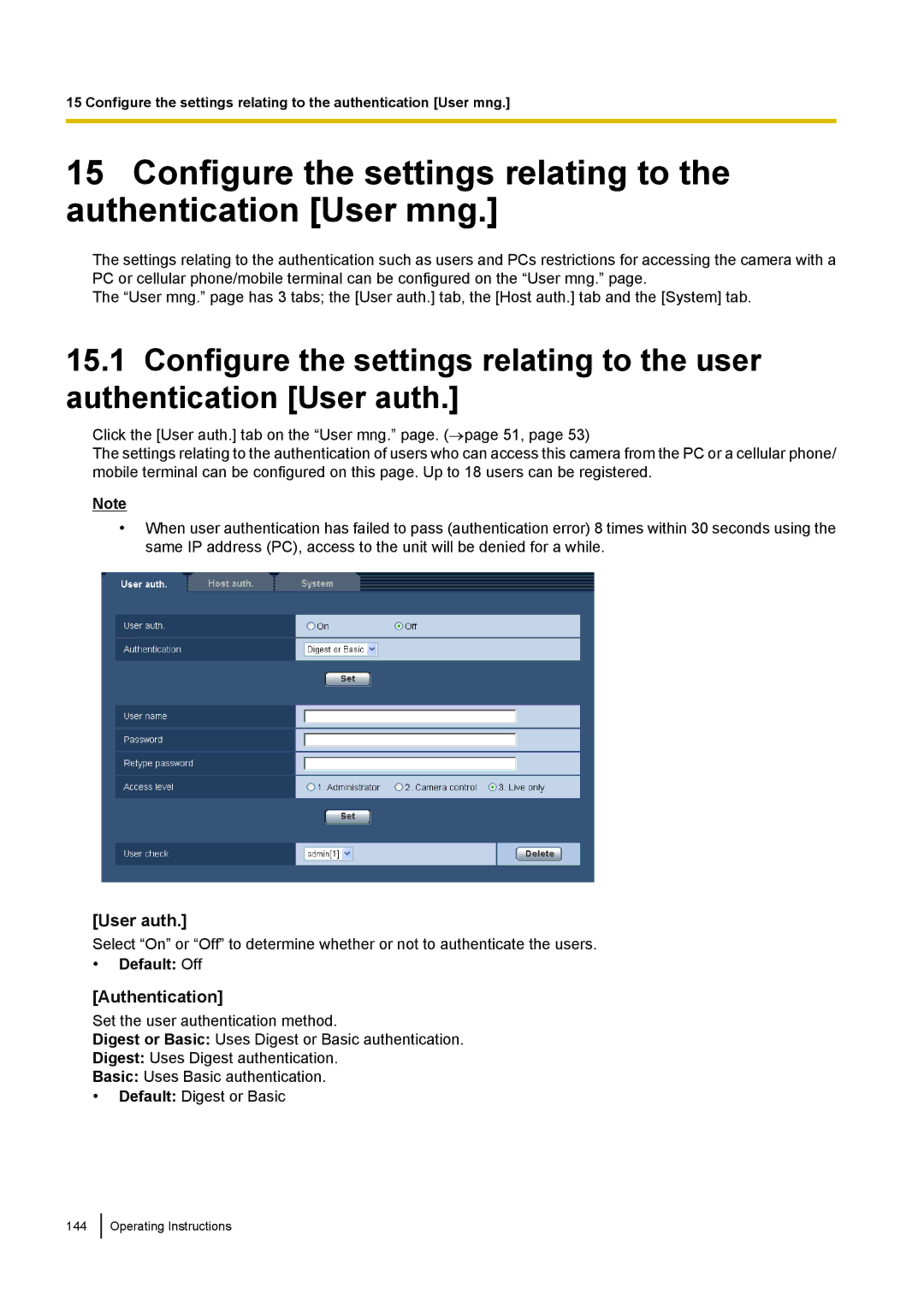 Panasonic WV-SF438E operating instructions User auth, Authentication 