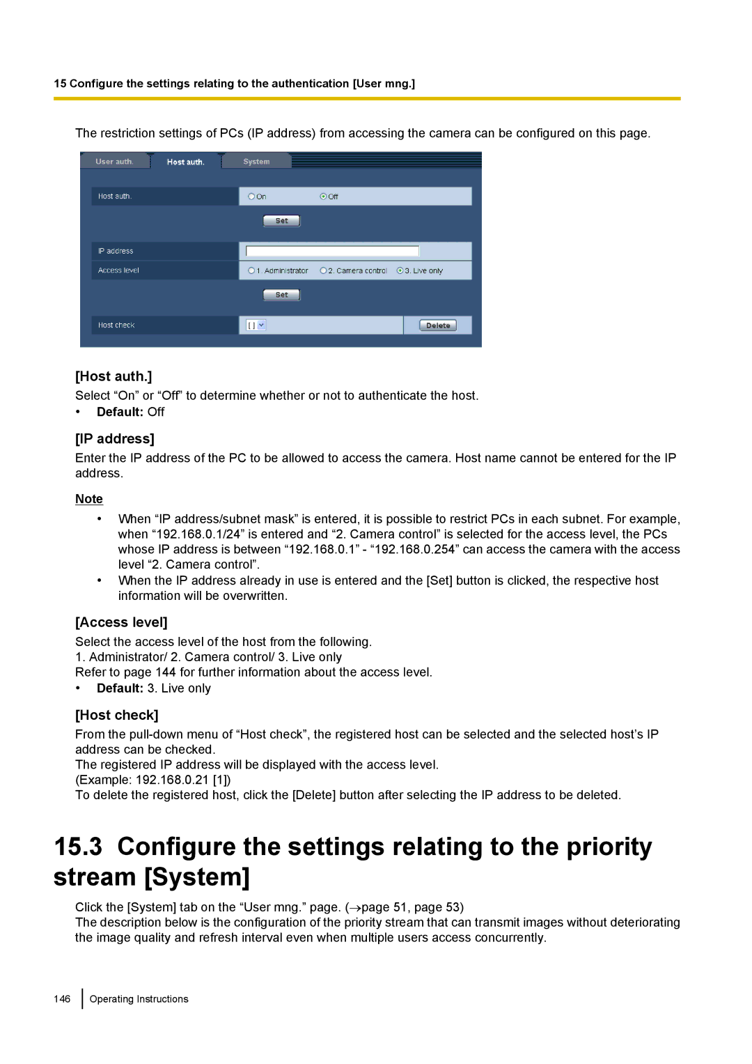 Panasonic WV-SF438E operating instructions Host auth, Host check 