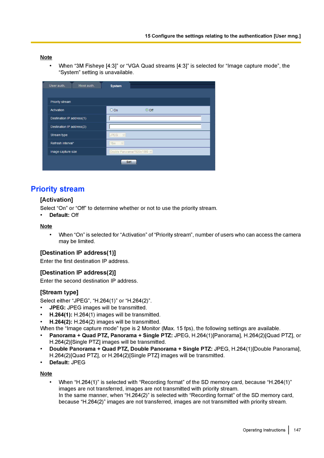 Panasonic WV-SF438E Priority stream, Activation, Destination IP address1, Destination IP address2, Stream type 