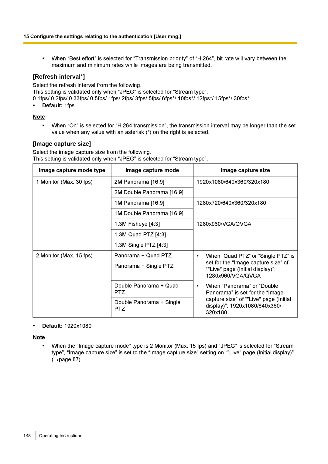 Panasonic WV-SF438E operating instructions Refresh interval, Default Image capture size 