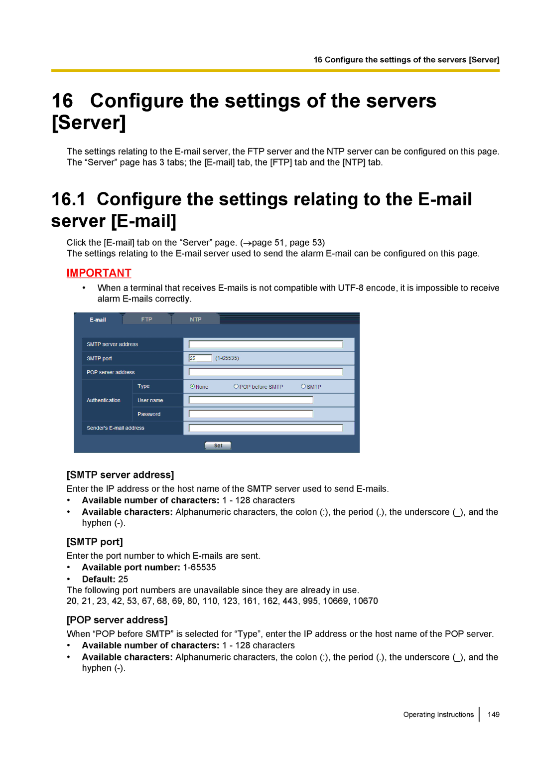 Panasonic WV-SF438E Configure the settings of the servers Server, Smtp server address, Smtp port, POP server address 