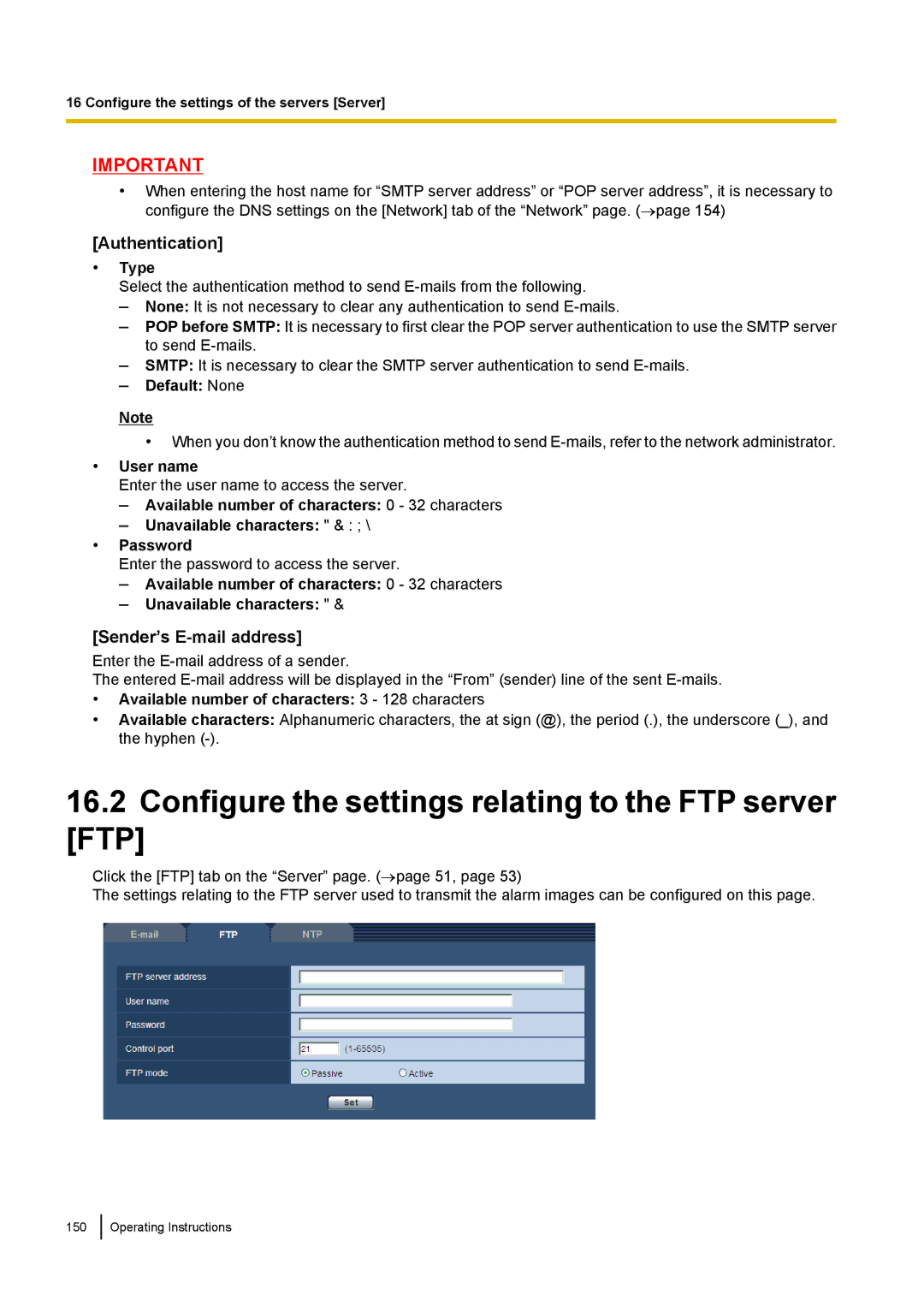 Panasonic WV-SF438 Configure the settings relating to the FTP server FTP, Sender’s E-mail address, Type, Default None 