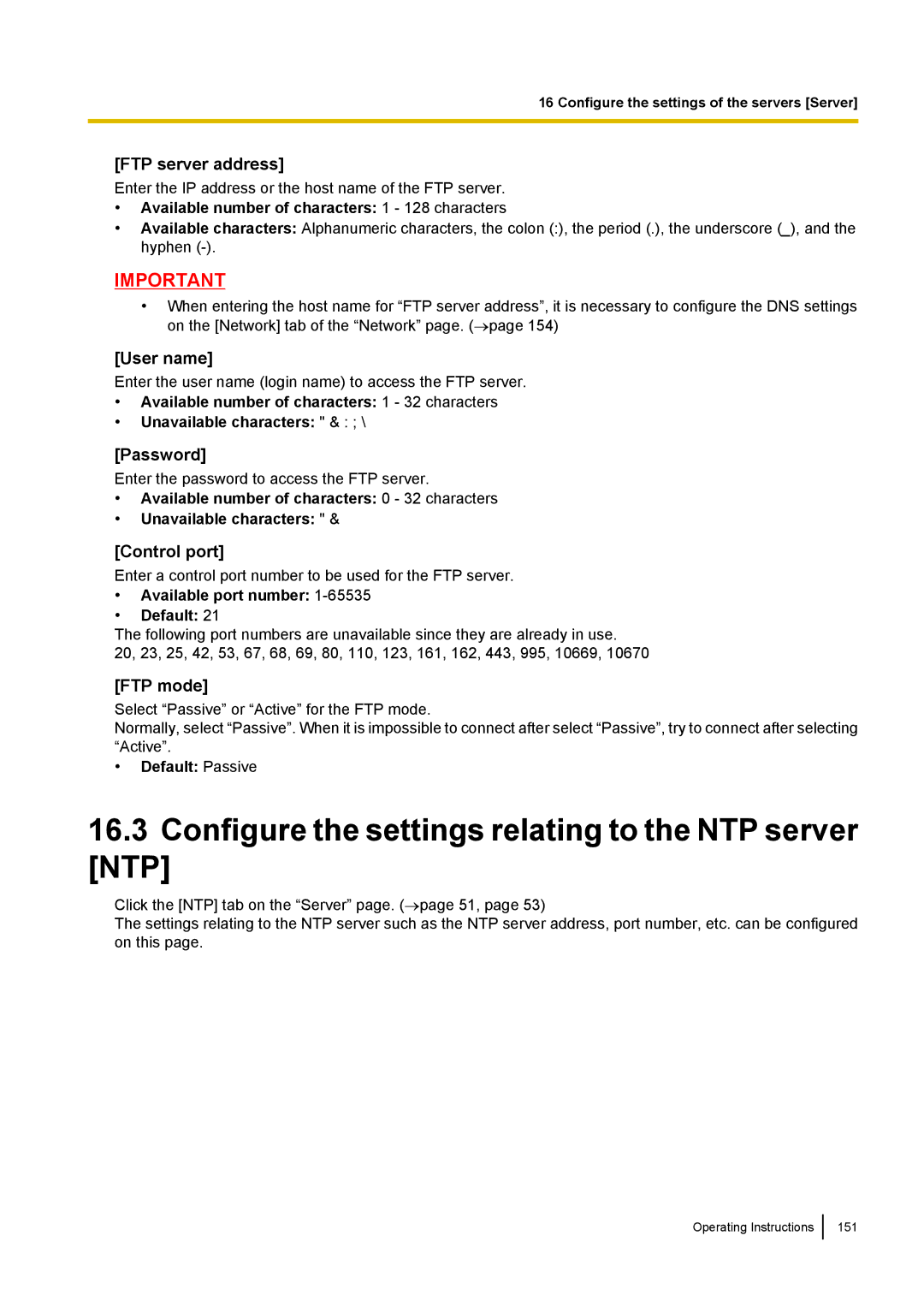 Panasonic WV-SF438E Configure the settings relating to the NTP server NTP, FTP server address, Control port, FTP mode 