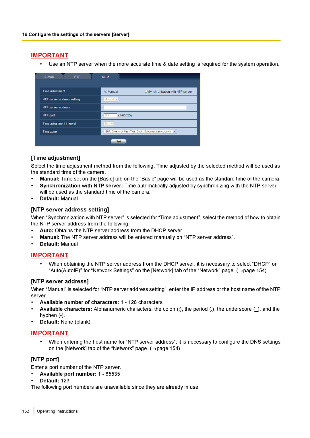 Panasonic WV-SF438E operating instructions Time adjustment, NTP server address setting, NTP port, Default Manual 