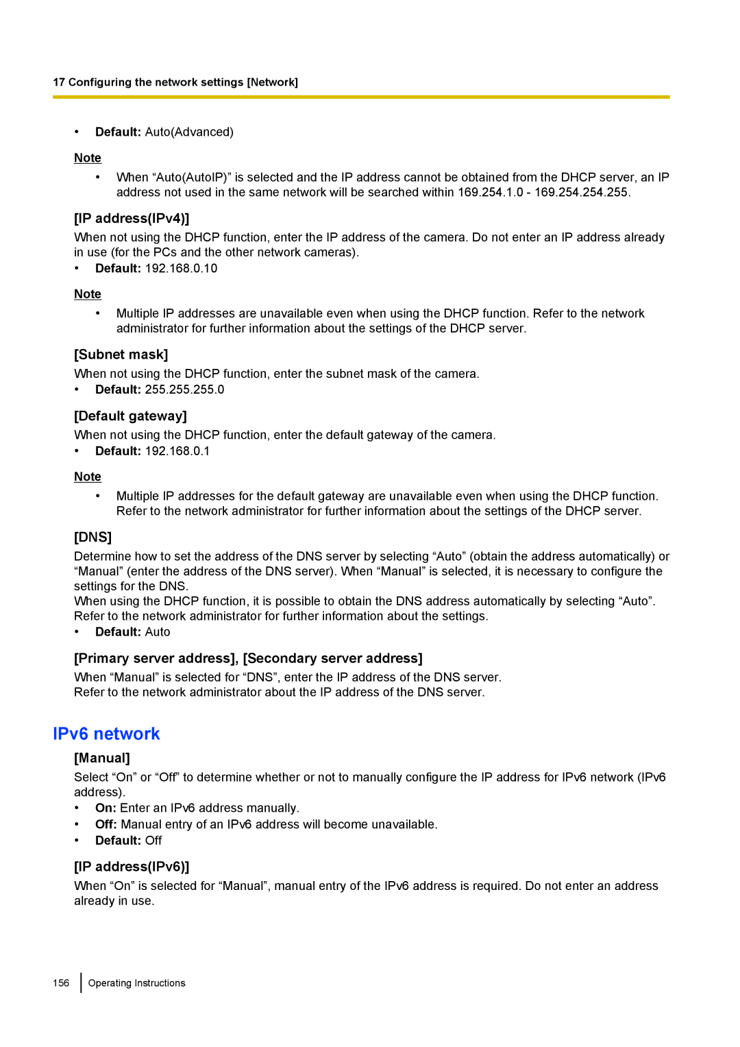 Panasonic WV-SF438E operating instructions IPv6 network 