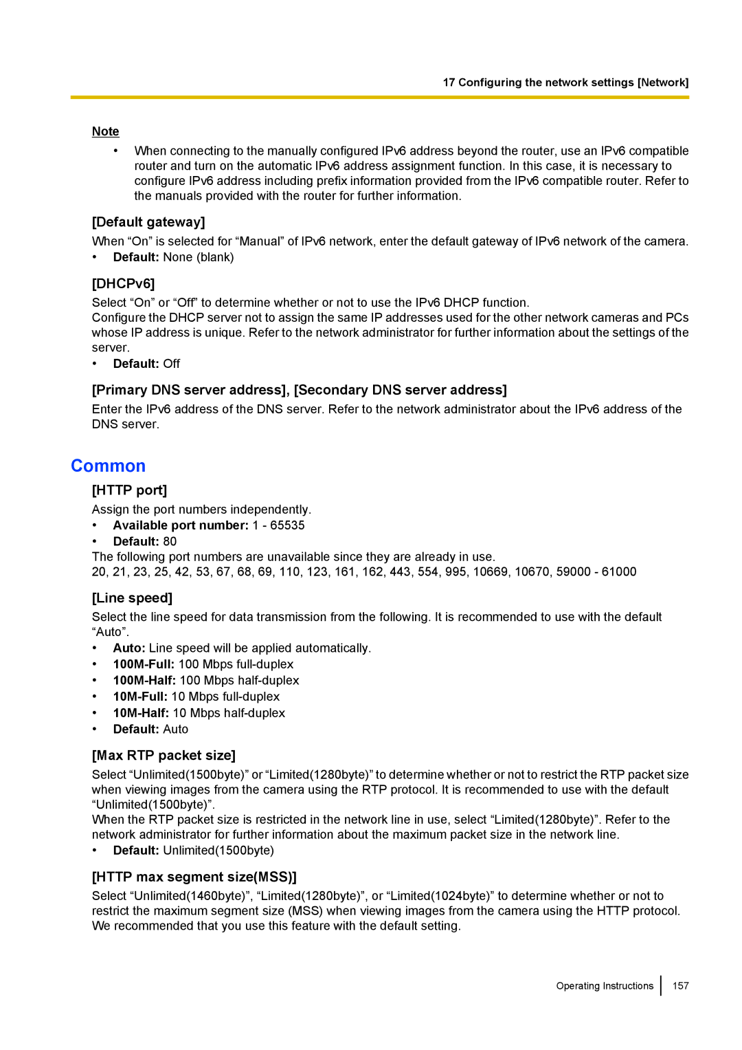 Panasonic WV-SF438E DHCPv6, Primary DNS server address, Secondary DNS server address, Http port, Line speed 