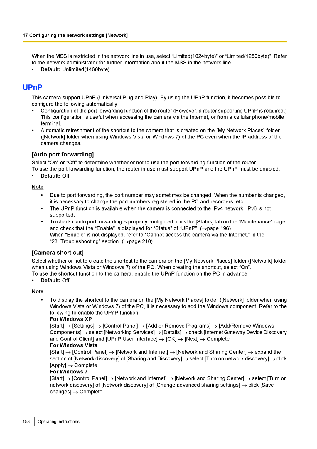 Panasonic WV-SF438E operating instructions UPnP, Auto port forwarding, Camera short cut 