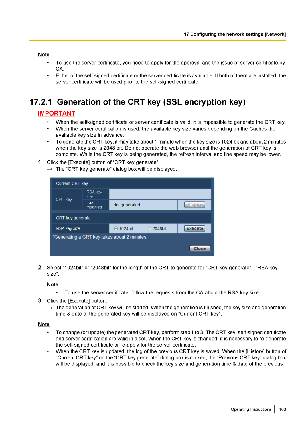 Panasonic WV-SF438E operating instructions Generation of the CRT key SSL encryption key 