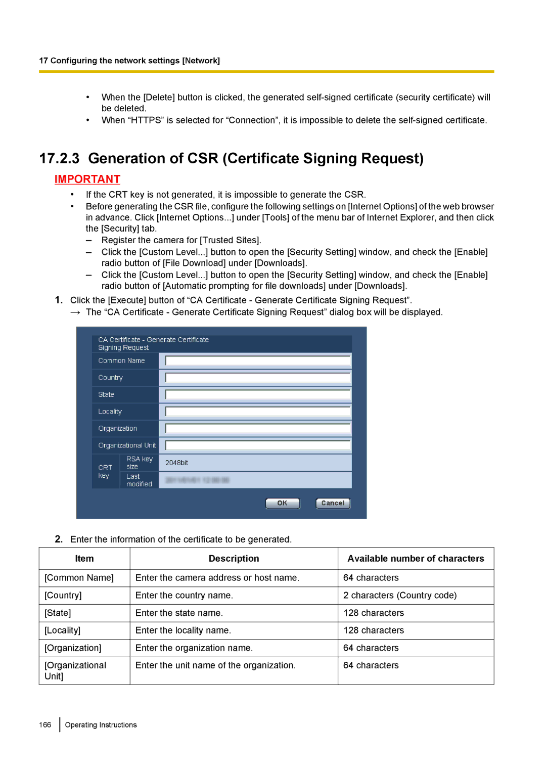 Panasonic WV-SF438E operating instructions Generation of CSR Certificate Signing Request 