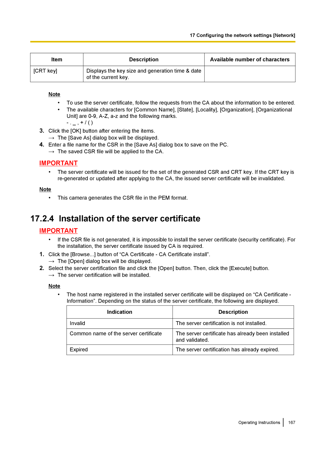 Panasonic WV-SF438E operating instructions Installation of the server certificate 