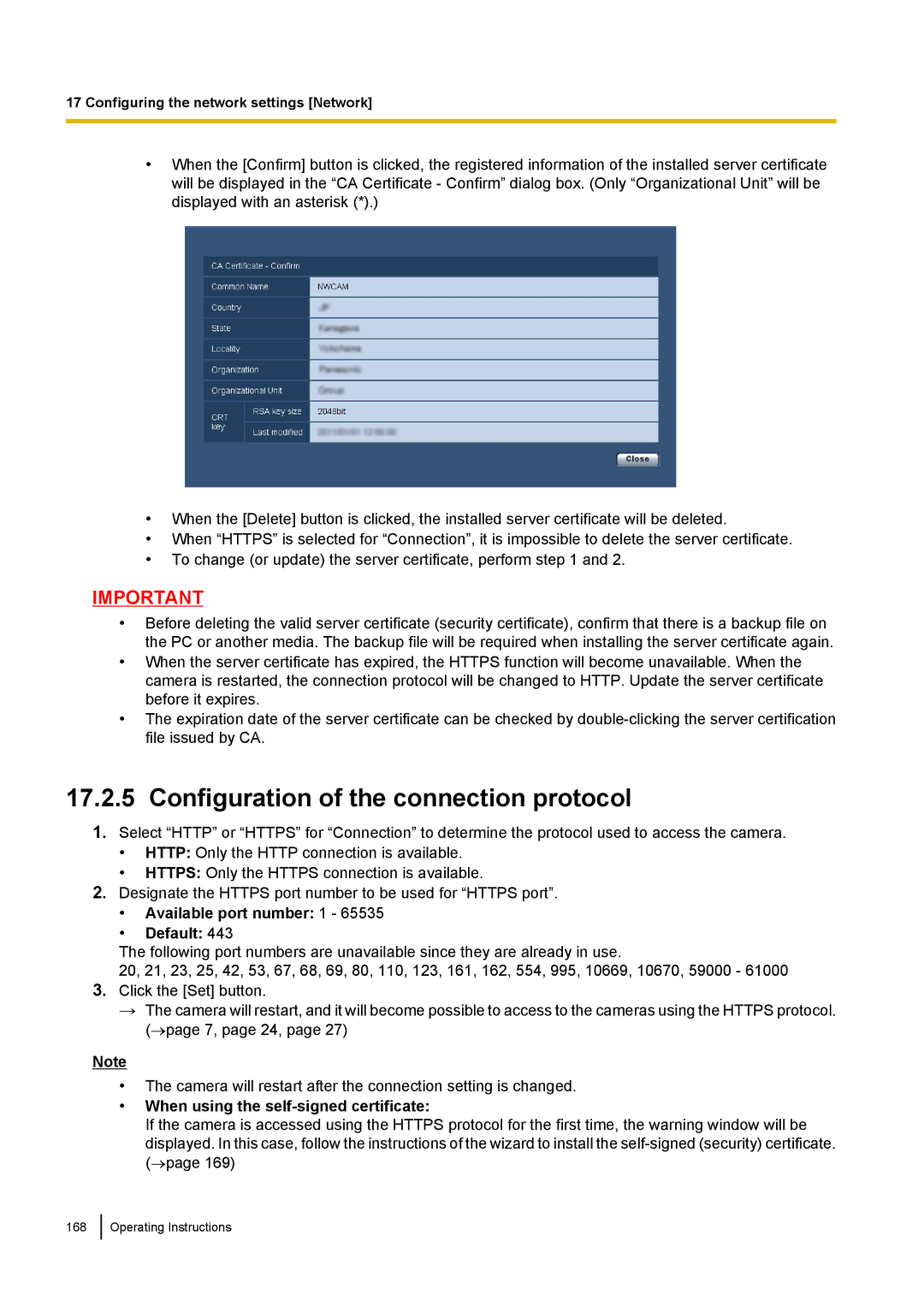 Panasonic WV-SF438E operating instructions Configuration of the connection protocol, Available port number 1 Default 