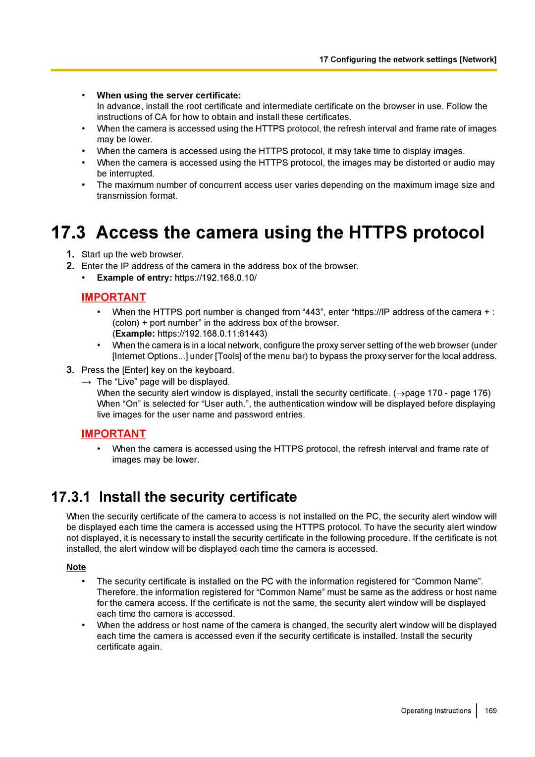 Panasonic WV-SF438E operating instructions Access the camera using the Https protocol, Install the security certificate 