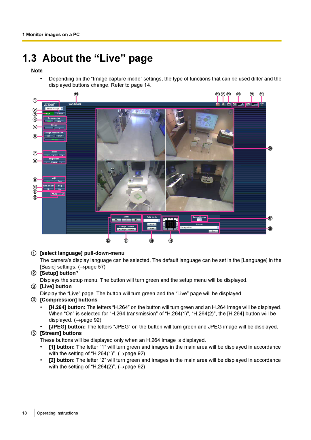 Panasonic WV-SF438E About the Live, Select language pull-down-menu, Setup button*1, Stream buttons 