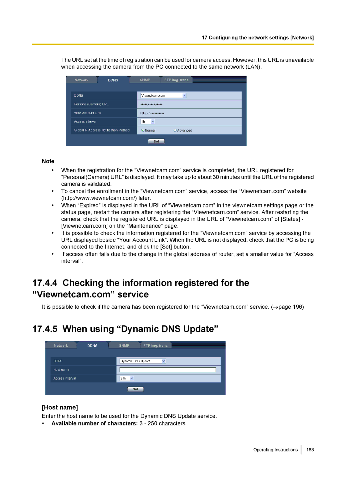 Panasonic WV-SF438E When using Dynamic DNS Update, Host name, Available number of characters 3 250 characters 